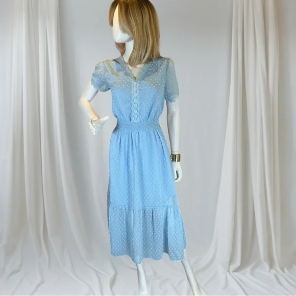Powder Blue Midi Sundress with Puff Sleeves and Sailor Collar - Picture 1 of 10